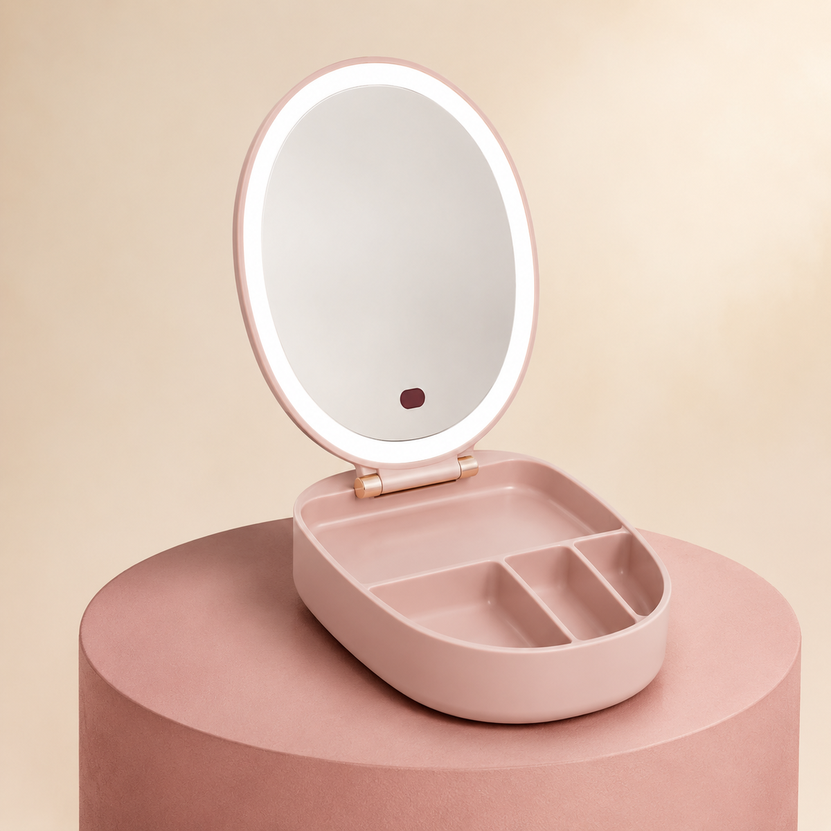Blush folding LED makeup mirror with storage