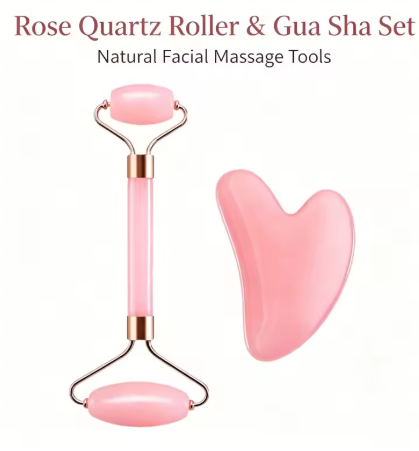 Kit de massagem facial rosa com roller duplo e Gua Sha