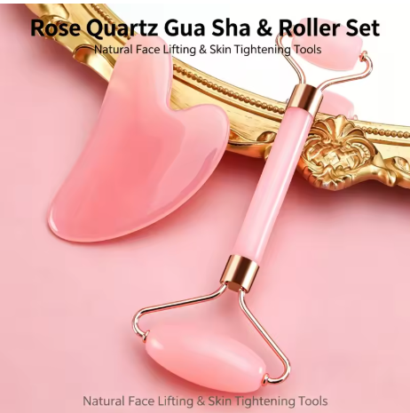Roller facial rosa e Gua Sha em formato de coração